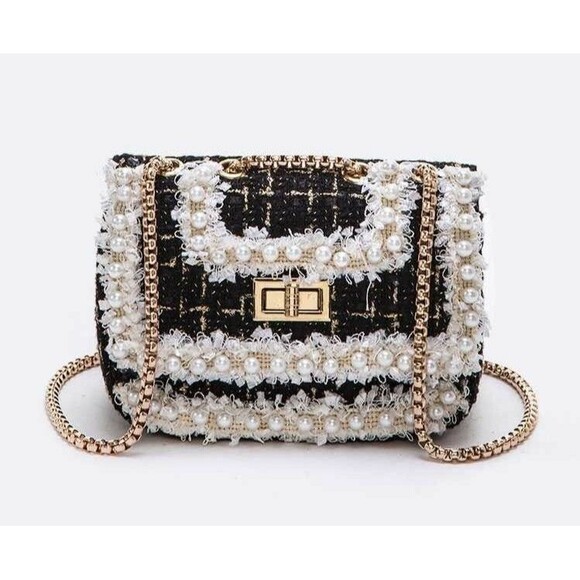 Black Fluffy Trendy Tweed Fuzzy Iconic Swing Bag Ladies Chain Satchel - Picture 1 of 2